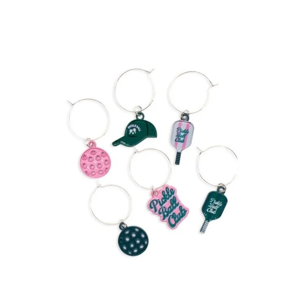 NPW Pickleball Wine Charms Set of 6‎ Pink Green Paddle Ball Drink Markers NEW